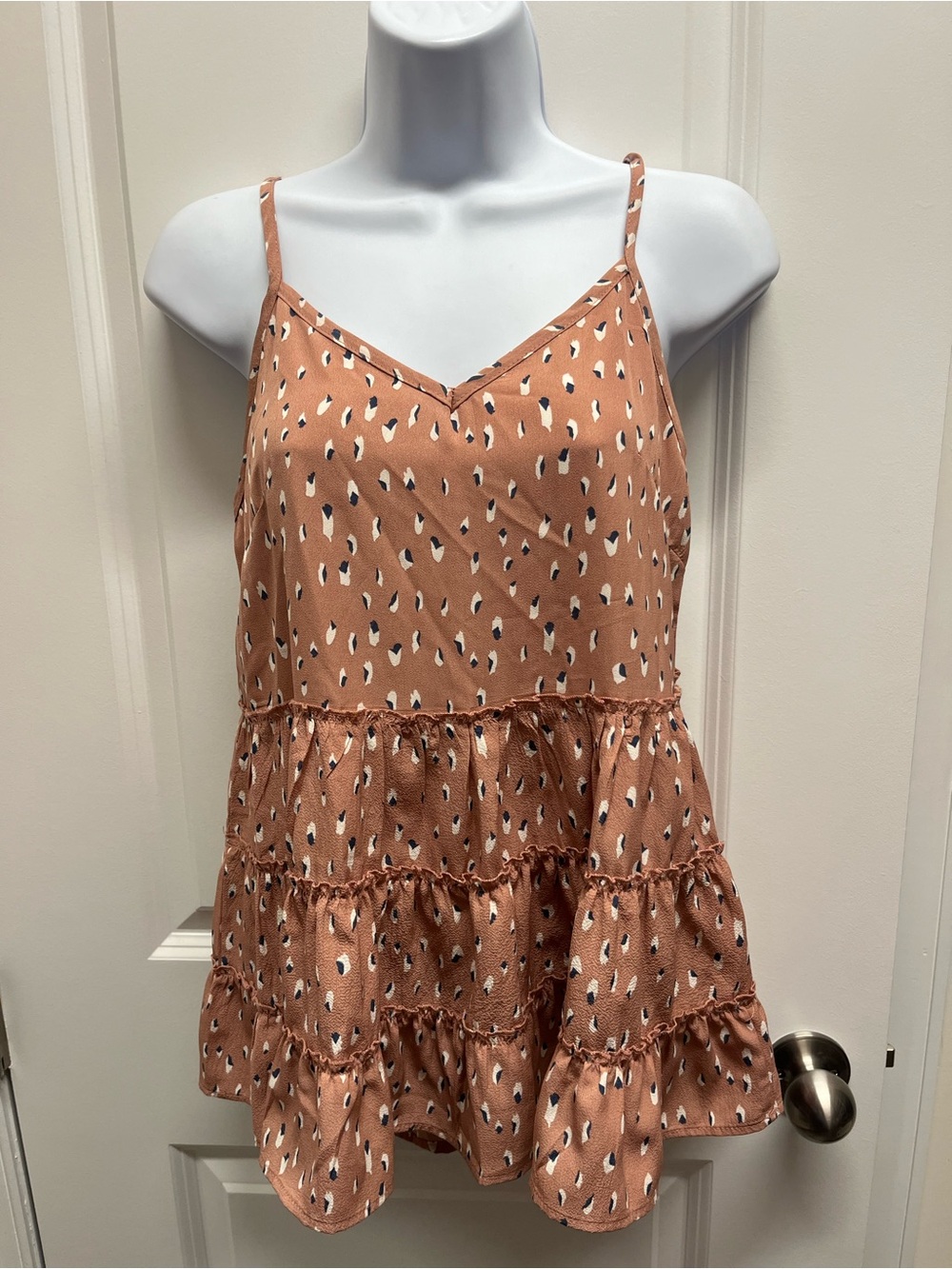 Boho Tiered Ruffle Cami Tank Top| Dusty Rose Speckled Dot Babydoll Cami Sz S